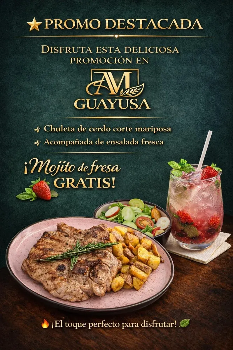 Promo Destacada: Chuleta de cerdo mariposa con mojito de fresa gratis en Guayusa